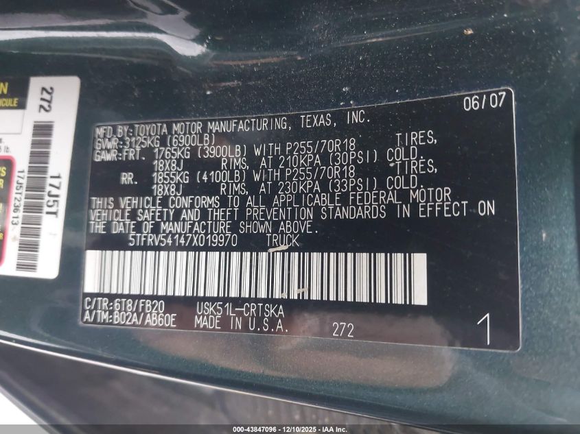 2007 Toyota Tundra Sr5 V8 VIN: 5TFRV54147X019970 Lot: 43847096