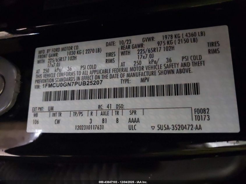 2023 Ford Escape Active VIN: 1FMCU0GN7PUB25207 Lot: 43847103