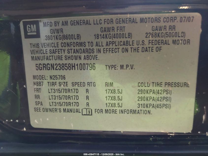 2008 Hummer H2 Suv VIN: 5GRGN23858H100796 Lot: 43847115