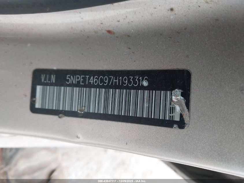 2007 Hyundai Sonata Gls VIN: 5NPET46C97H193316 Lot: 43847117