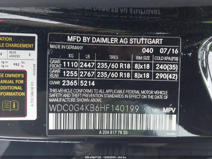 2017 Mercedes-Benz Glc 300 4Matic VIN: WDC0G4KB6HF140199 Lot: 43847125