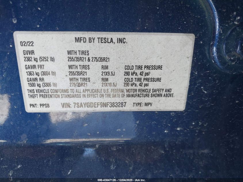 2022 Tesla Model Y Performance Dual Motor All-Wheel Drive VIN: 7SAYGDEF9NF383287 Lot: 43847126