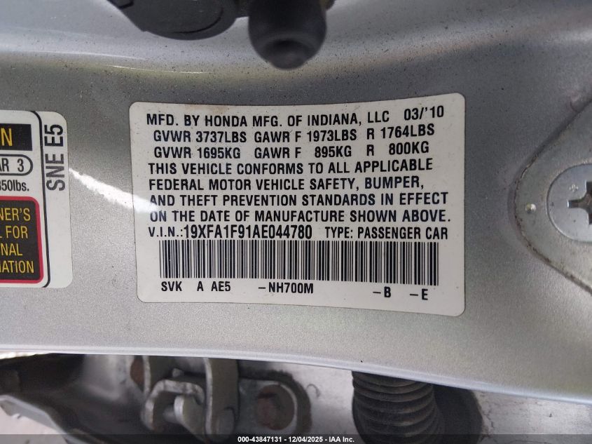 2010 Honda Civic Ex-L VIN: 19XFA1F91AE044780 Lot: 43847131