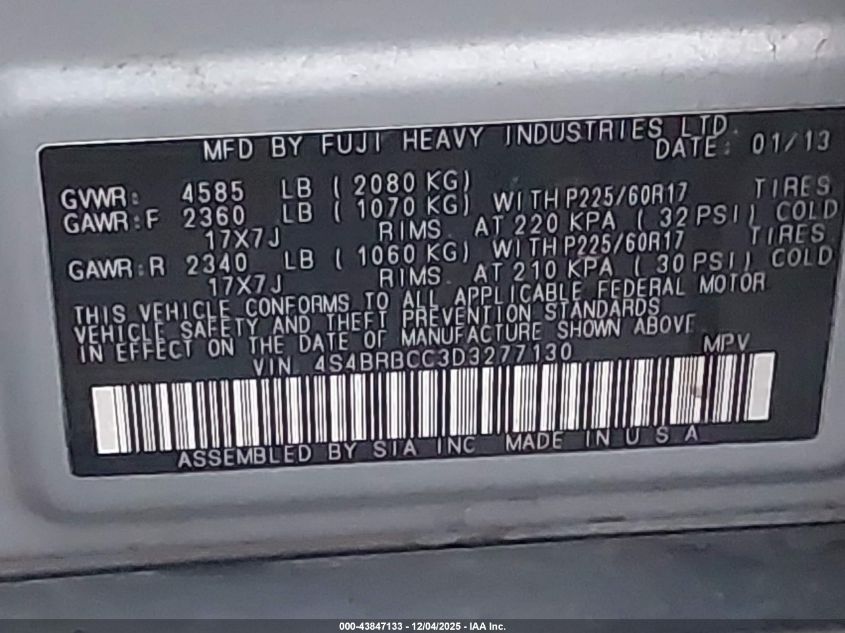 2013 Subaru Outback 2.5I Premium VIN: 4S4BRBCC3D3277130 Lot: 43847133