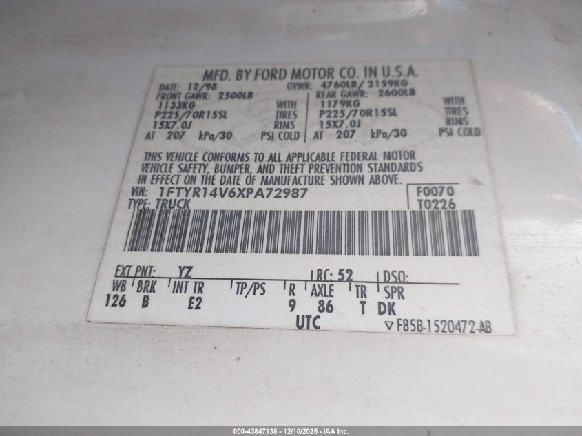 1999 Ford Ranger Xl/Xlt VIN: 1FTYR14V6XPA72987 Lot: 43847138