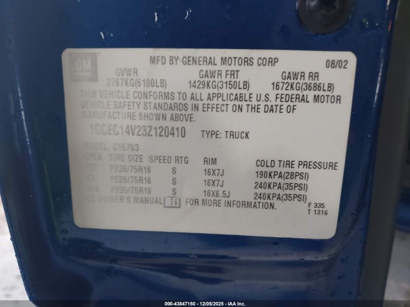 2003 Chevrolet Silverado 1500 Ls VIN: 1GCEC14V23Z120410 Lot: 43847150