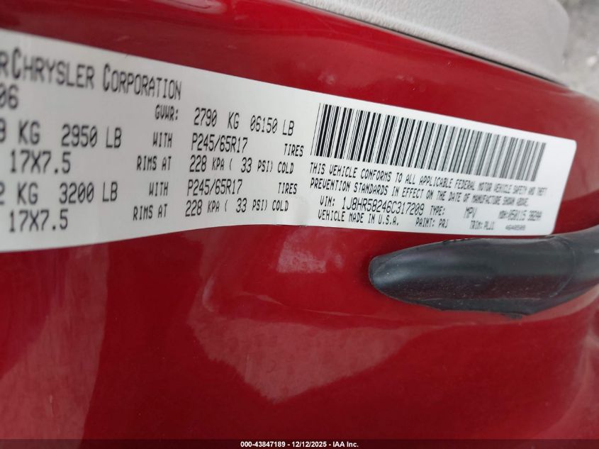 2006 Jeep Grand Cherokee Limited VIN: 1J8HR58246C317209 Lot: 43847189