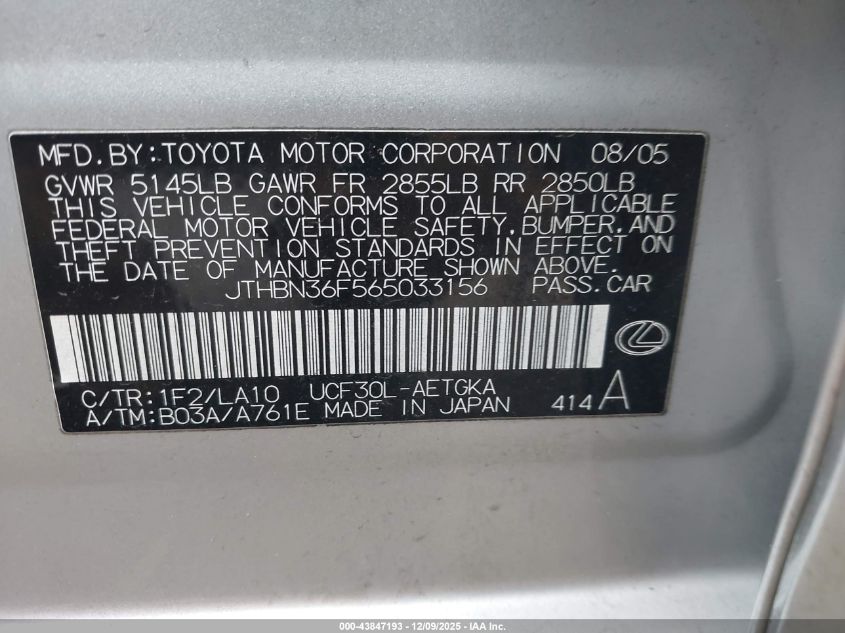 2006 Lexus Ls 430 VIN: JTHBN36F565033156 Lot: 43847193