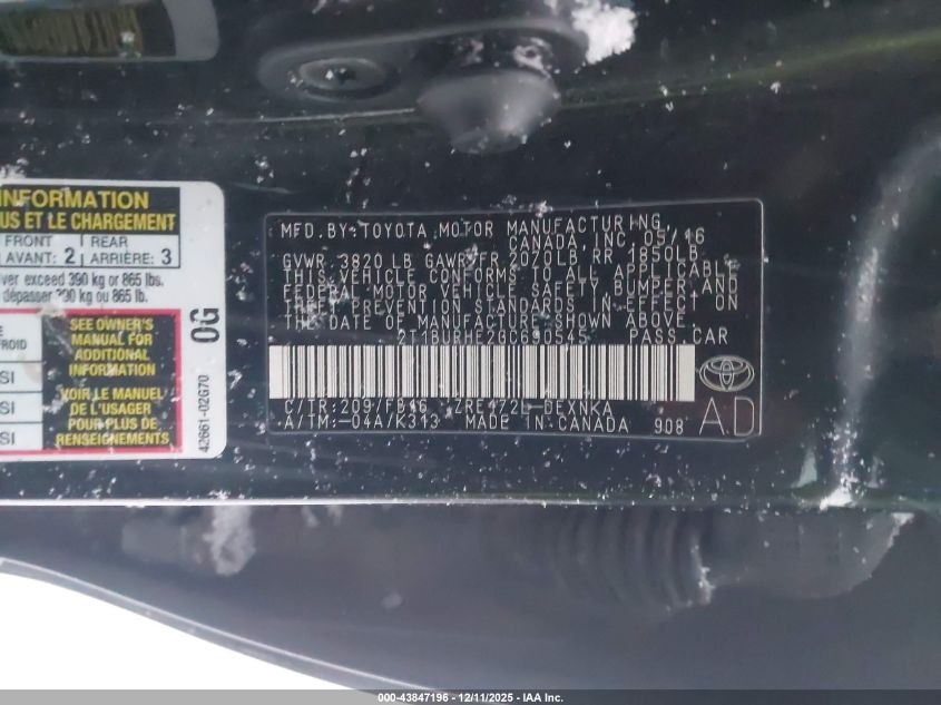 2016 Toyota Corolla Le VIN: 2T1BURHE2GC690545 Lot: 43847196