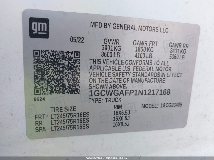 2022 Chevrolet Express Cargo Rwd 2500 Regular Wheelbase Wt VIN: 1GCWGAFP1N1217168 Lot: 43847201