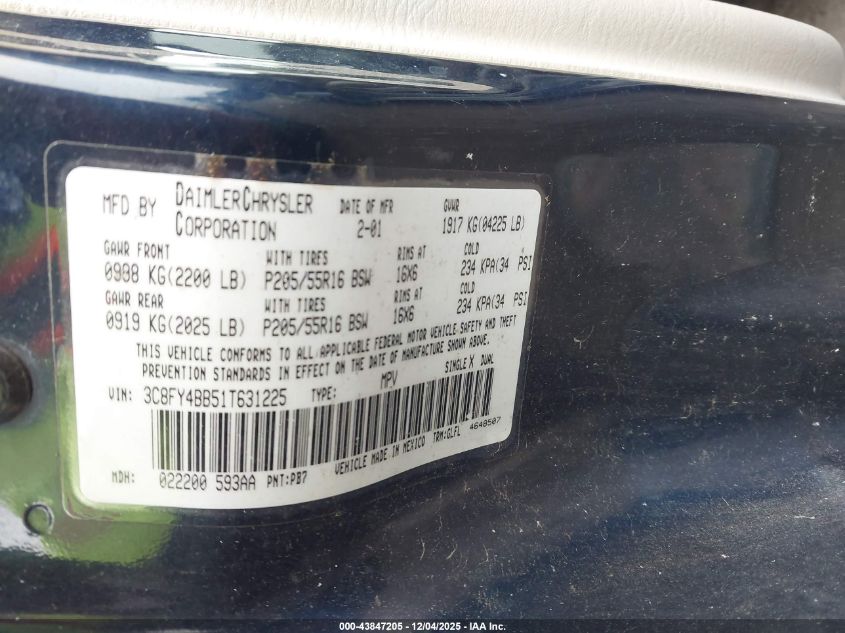 2001 Chrysler Pt Cruiser VIN: 3C8FY4BB51T631225 Lot: 43847205