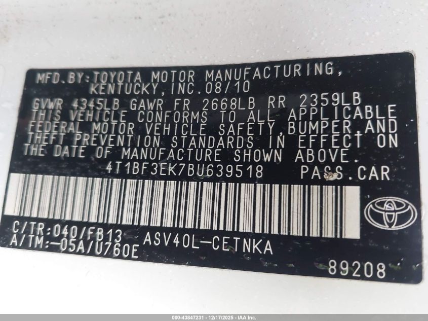 2011 Toyota Camry Le VIN: 4T1BF3EK7BU639518 Lot: 43847231