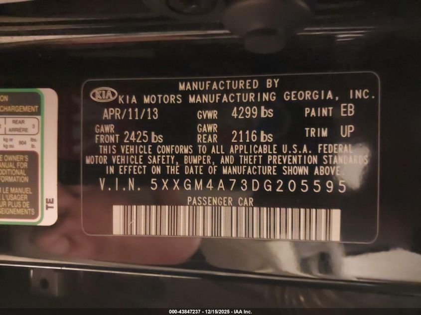 2013 Kia Optima Lx VIN: 5XXGM4A73DG205595 Lot: 43847237