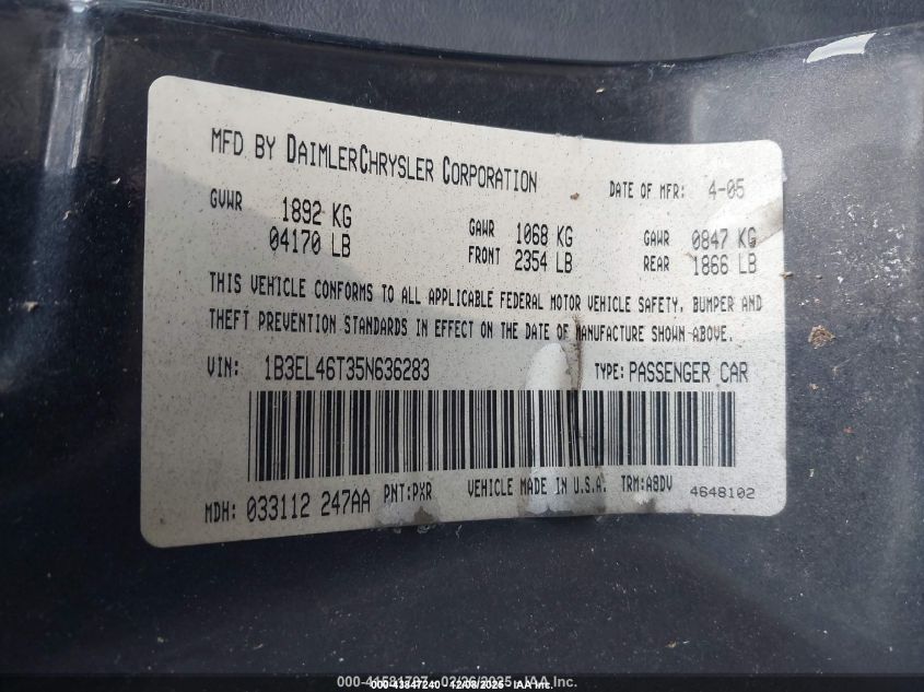 2005 Dodge Stratus Sxt VIN: 1B3EL46T35N636283 Lot: 43847240