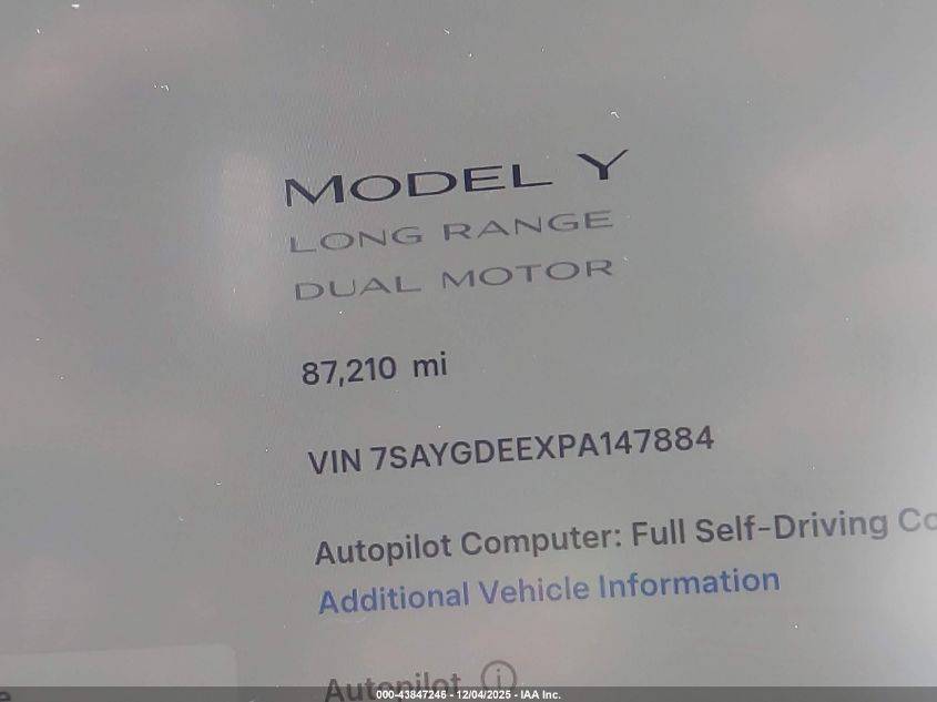2023 Tesla Model Y Awd/Long Range Dual Motor All-Wheel Drive VIN: 7SAYGDEEXPA147884 Lot: 43847246