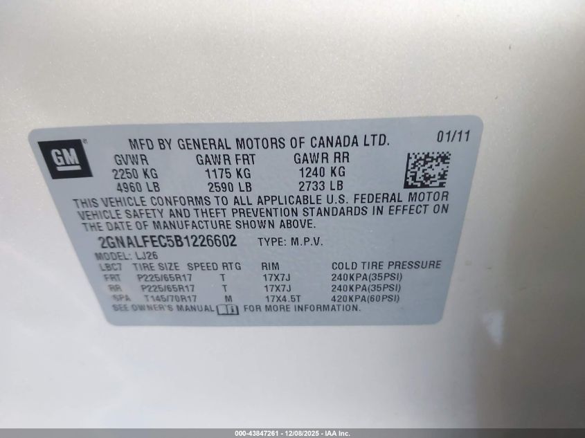 2011 Chevrolet Equinox Ltz VIN: 2GNALFEC5B1226602 Lot: 43847261