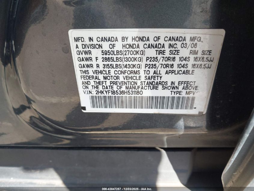 2006 Honda Pilot Ex-L VIN: 2HKYF18536H531180 Lot: 43847257