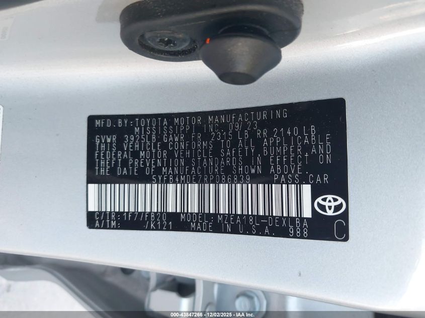 2024 Toyota Corolla Le VIN: 5YFB4MDE7RP086839 Lot: 43847266