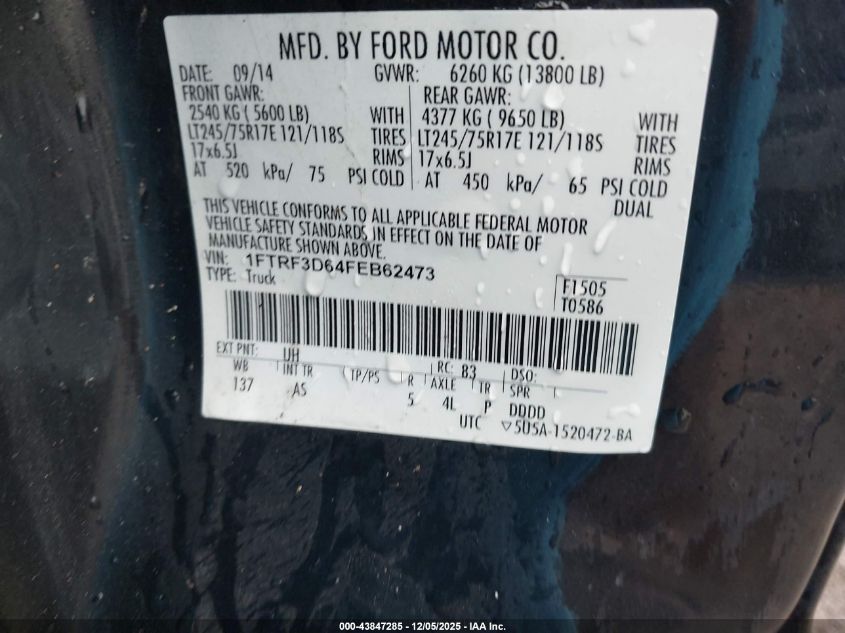 2015 Ford F-350 Xl VIN: 1FTRF3D64FEB62473 Lot: 43847285