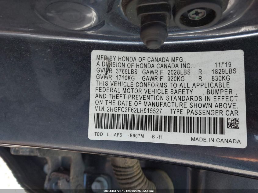 2020 Honda Civic Lx VIN: 2HGFC2F62LH515527 Lot: 43847287