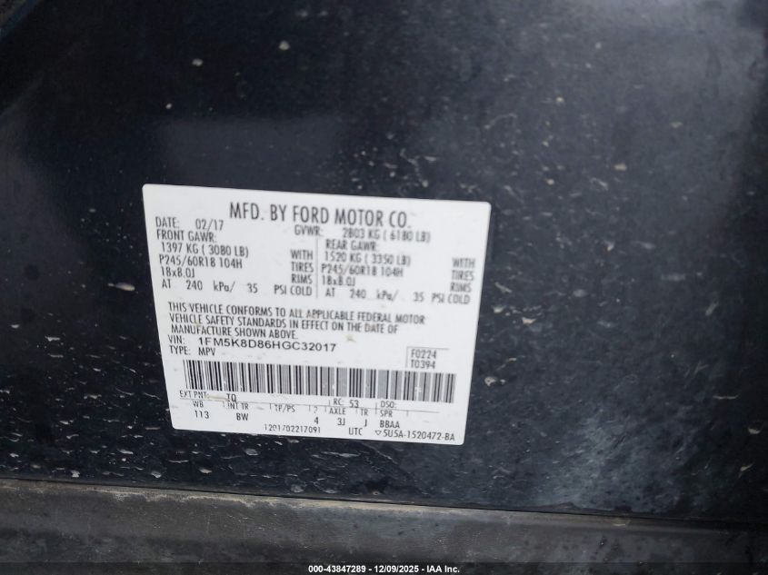 2017 Ford Explorer Xlt VIN: 1FM5K8D86HGC32017 Lot: 43847289