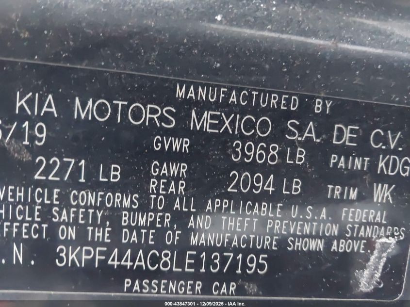 2020 Kia Forte Gt VIN: 3KPF44AC8LE137195 Lot: 43847301