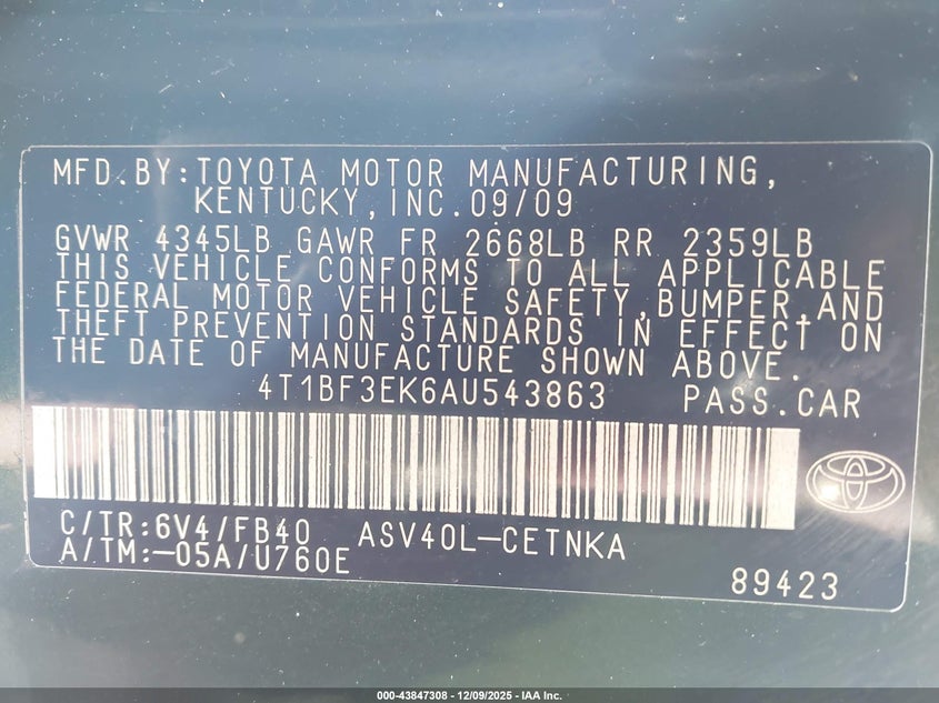 4T1BF3EK6AU543863 2010 TOYOTA CAMRY photo no. 9