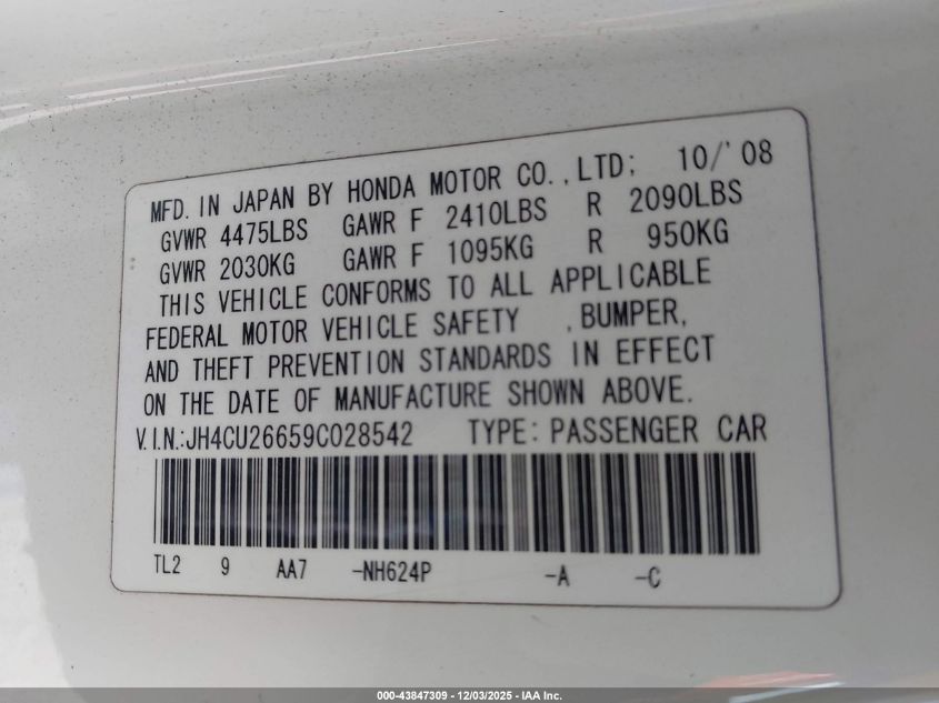 2009 Acura Tsx VIN: JH4CU26659C028542 Lot: 43847309