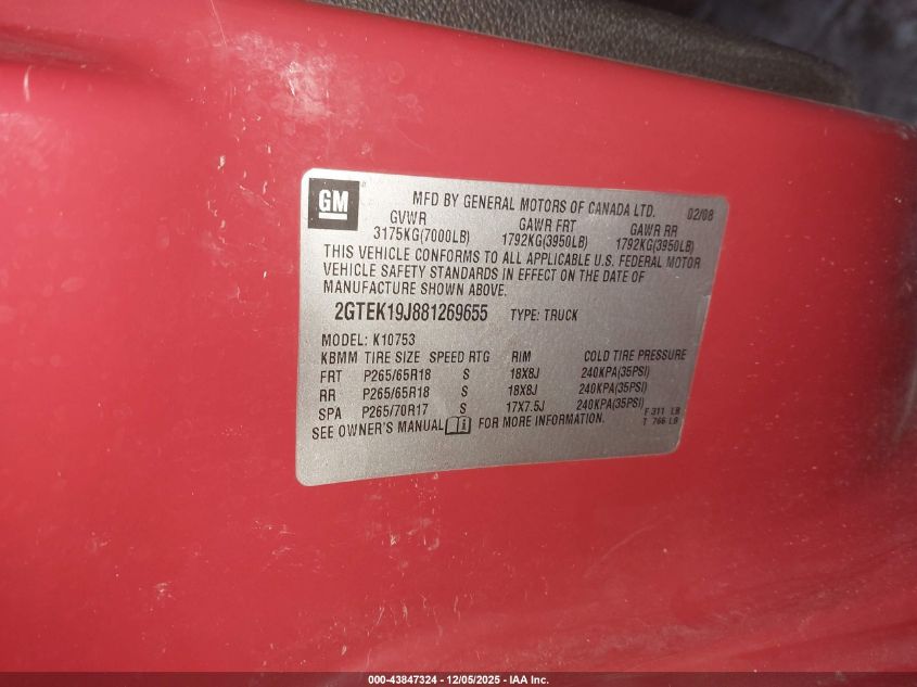 2008 GMC Sierra 1500 Slt VIN: 2GTEK19J881269655 Lot: 43847324
