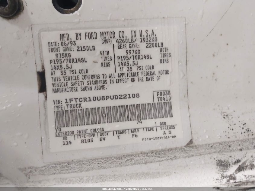 1993 Ford Ranger VIN: 1FTCR10U8PUD22108 Lot: 43847334