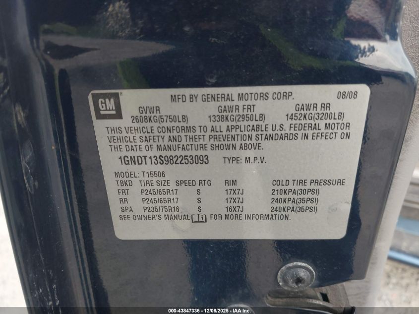 2008 Chevrolet Trailblazer Lt VIN: 1GNDT13S982253093 Lot: 43847336