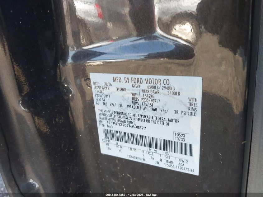2007 Ford F-150 Stx/Xl/Xlt VIN: 1FTRF12267NA08577 Lot: 43847359