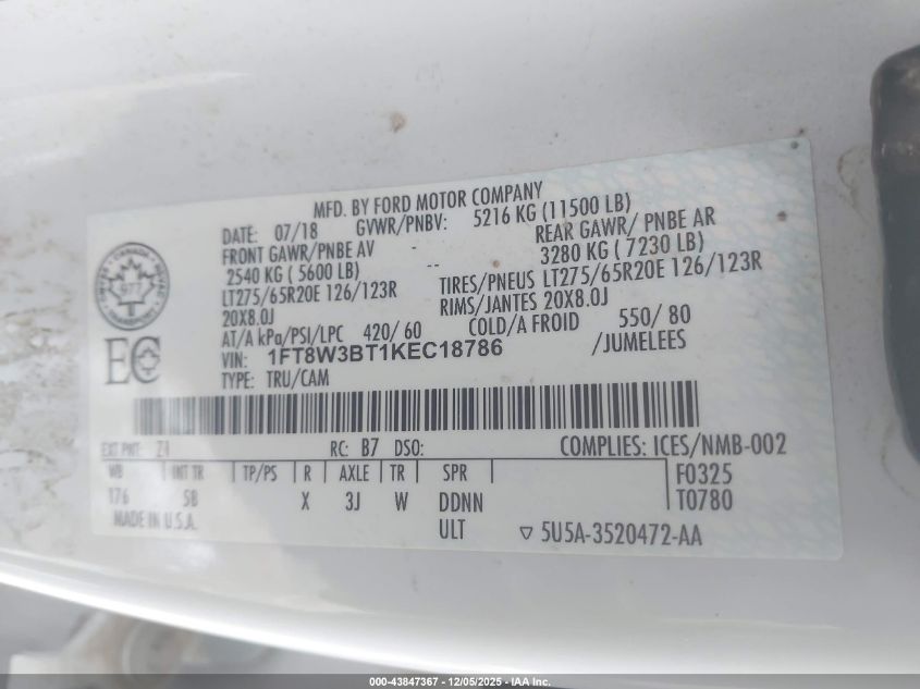 2019 Ford F-350 Lariat VIN: 1FT8W3BT1KEC18786 Lot: 43847367
