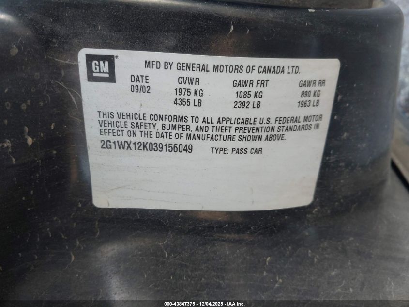 2003 Chevrolet Monte Carlo Ss VIN: 2G1WX12K039156049 Lot: 43847375