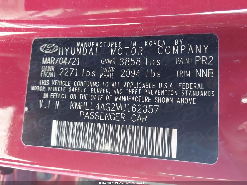 2021 Hyundai Elantra Se VIN: KMHLL4AG2MU162357 Lot: 43847389