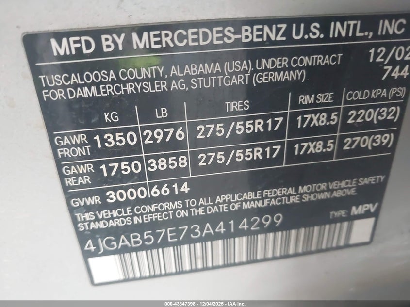 4JGAB57E73A414299 2003 MERCEDES-BENZ M-KLASSE photo no. 9