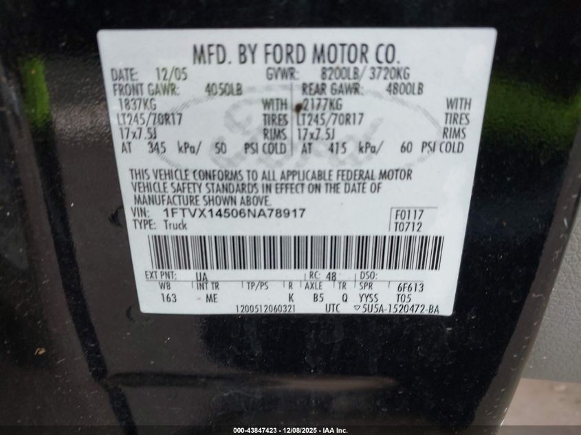 2006 Ford F150 VIN: 1FTVX14506NA78917 Lot: 43847423