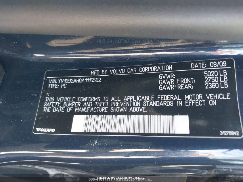 2010 Volvo S80 T6 VIN: YV1992AH0A1116592 Lot: 43847427