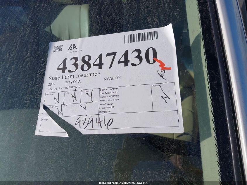 2007 Toyota Avalon Limited VIN: 4T1BK36B27U173210 Lot: 43847430