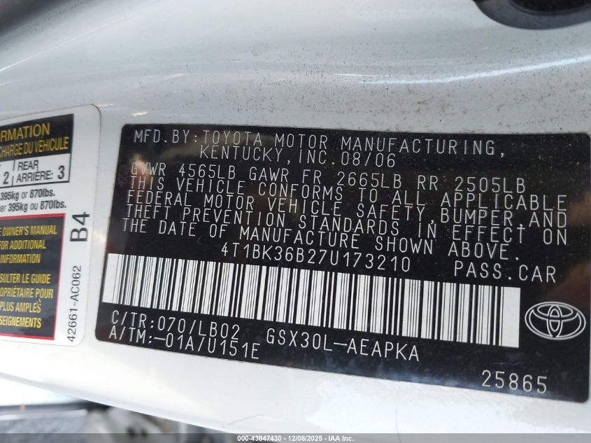2007 Toyota Avalon Limited VIN: 4T1BK36B27U173210 Lot: 43847430