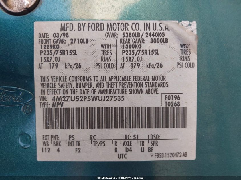 1998 Mercury Mountaineer VIN: 4M2ZU52P5WUJ27535 Lot: 43847434