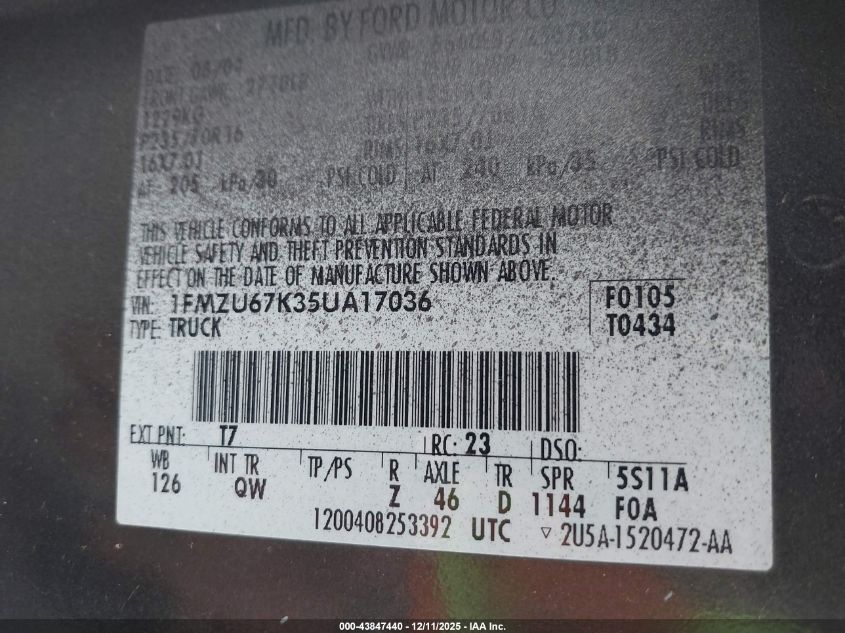 2005 Ford Explorer Sport Trac Adrenalin/Xls/Xlt VIN: 1FMZU67K35UA17036 Lot: 43847440