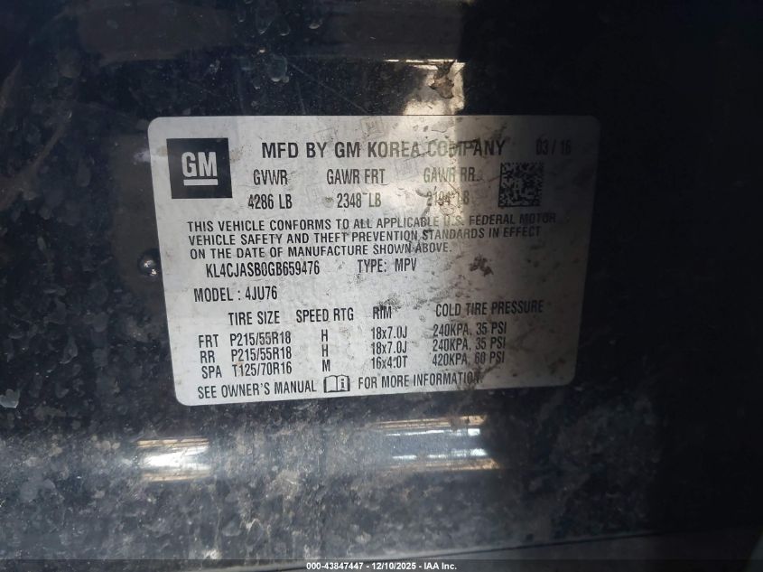 2016 Buick Encore VIN: KL4CJASB0GB659476 Lot: 43847447