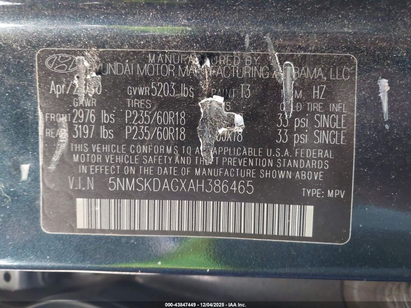 2010 Hyundai Santa Fe Limited V6 VIN: 5NMSKDAGXAH386465 Lot: 43847449