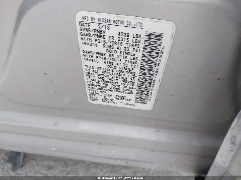 2013 Nissan Rogue S VIN: JN8AS5MT1DW525348 Lot: 43847453