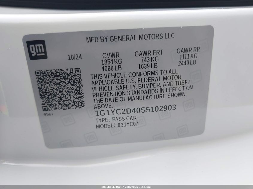 2025 Chevrolet Corvette Stingray Rwd 3Lt VIN: 1G1YC2D40S5102903 Lot: 43847462