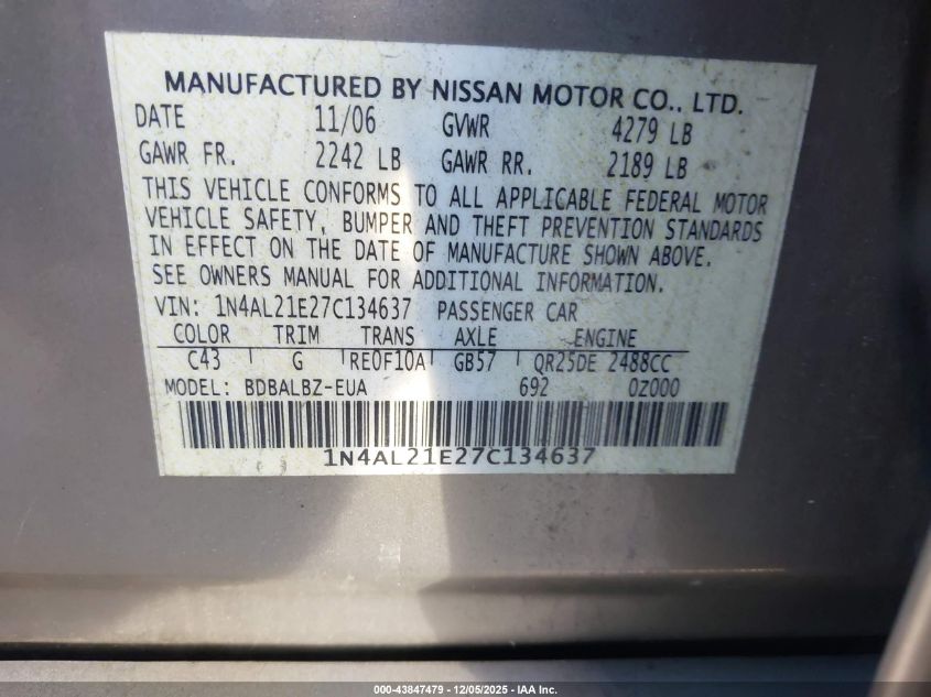 2007 Nissan Altima 2.5 S VIN: 1N4AL21E27C134637 Lot: 43847479