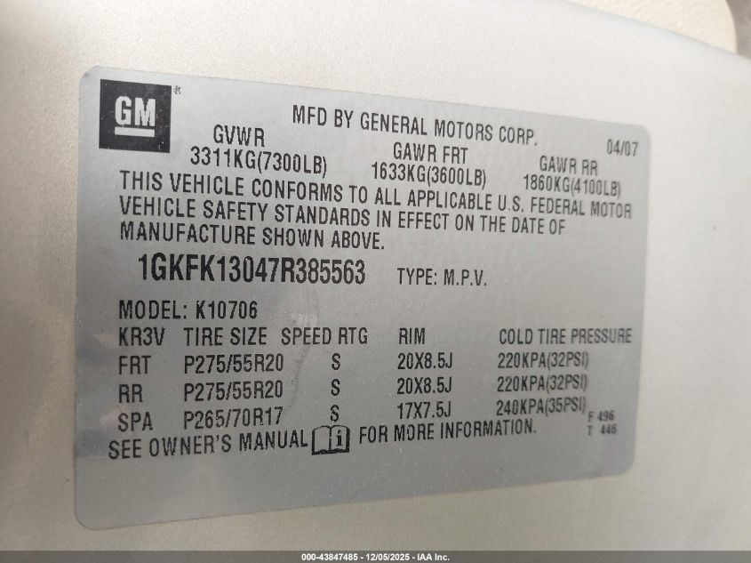 2007 GMC Yukon Slt VIN: 1GKFK13047R385563 Lot: 43847485