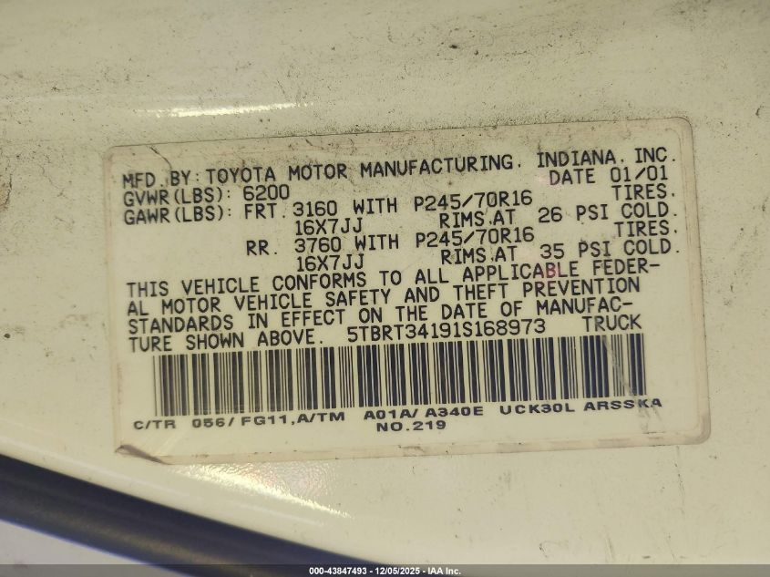 2001 Toyota Tundra Sr5 V8 VIN: 5TBRT34191S168973 Lot: 43847493