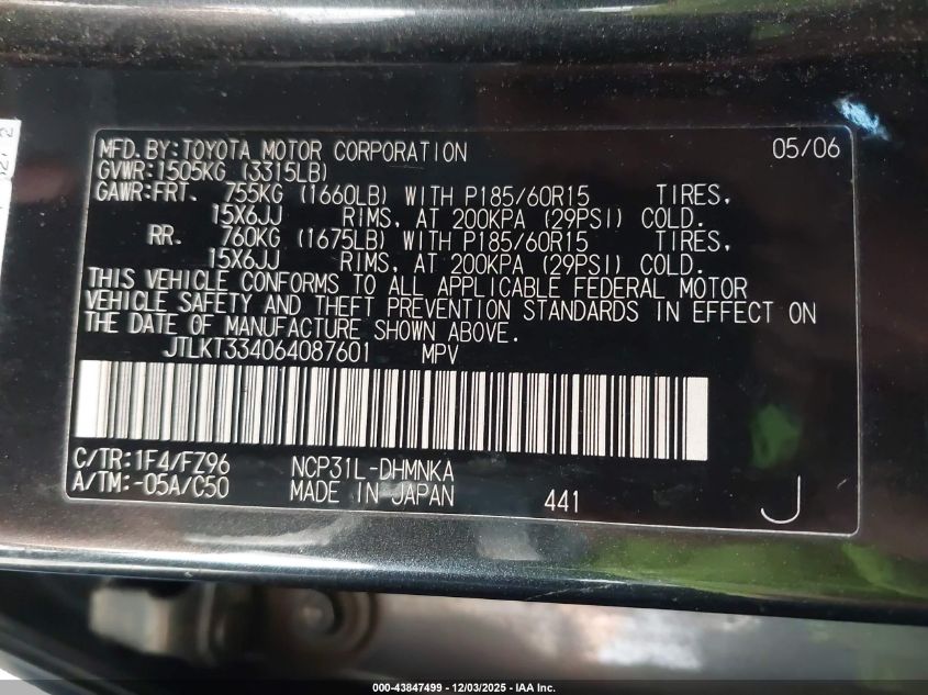 2006 Scion Xb VIN: JTLKT334064087601 Lot: 43847499